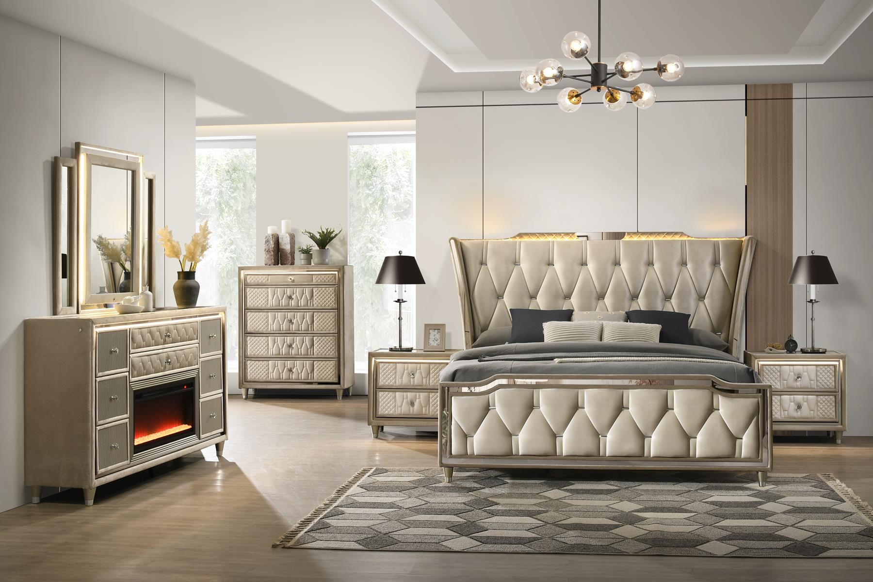Tan/Cream Bedroom set with fireplace on dresser.